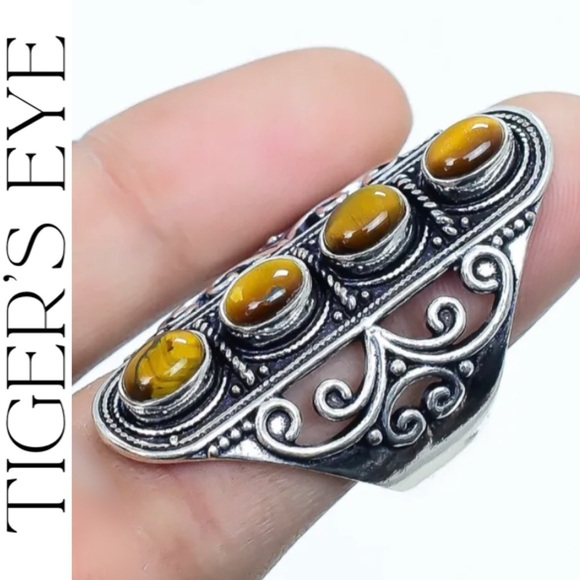Tiger's Eye Gemstone Handmade Filigree Shield Armor Ring - Picture 2 of 6